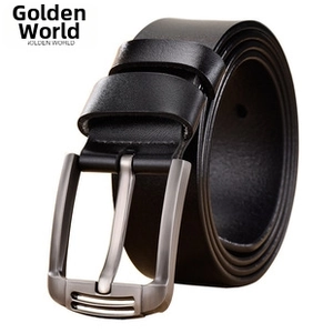 Detail of premium black leather belt with matte silver buckle and textured metal pin