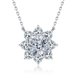 S925 sterling silver sunflower necklace with cushion-cut center stone and pear-cut zircon