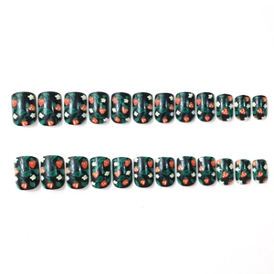 24pcs short square press-on nails with dark green strawberry and floral patterns