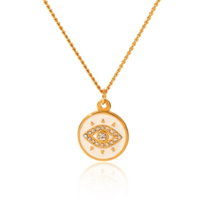 Macro shot of gold stainless steel necklace featuring a white enamel evil eye pendant