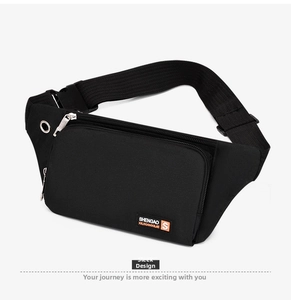 Detail of black oxford waist bag with adjustable strap, plastic buckle and earphone port
