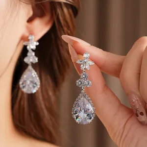 Luxury zircon flower earrings with pear-shaped water drop pendant for women