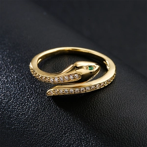 18K gold plated snake ring with green zircon eyes and white crystal stones
