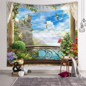 Detail showing high-definition 3D print of European terrace landscape on wall tapestry