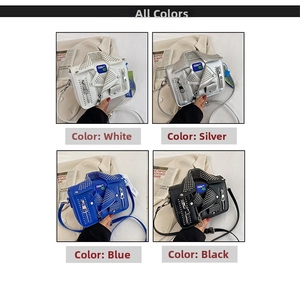 Collage of four colors of punk-style motorcycle jacket shoulder bags with rivets