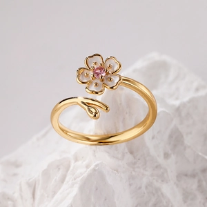 Exquisite gold-plated cherry blossom open ring with white enamel and pink zircon stone