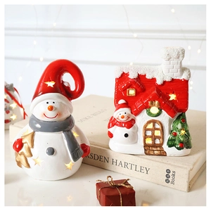 Detail of a glowing Christmas snowman and star cutout house with warm LED festive lighting