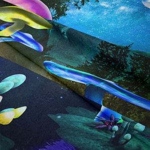 Detailed close-up of high-density fabric texture and fluorescent mushroom print on tapestry