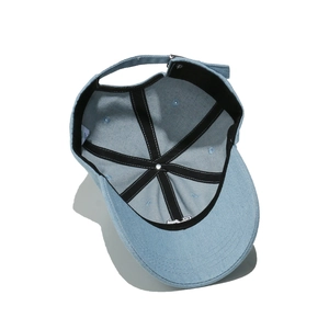 Detailed interior of light blue denim baseball cap with sweatband and metal buckle