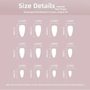 Size chart showing 24 pieces of stiletto press-on nails in 12 different dimensions