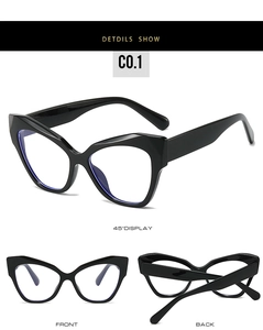 Three-view display of black cat-eye eyeglass frames showing front and side details