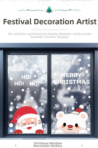 Detail of Christmas window decals featuring Santa, polar bear and Merry Christmas text