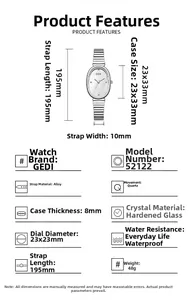 Detailed specs of GEDI oval quartz watch with alloy band and waterproof dimensions