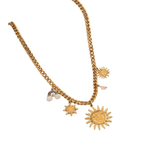 Chunky gold stainless steel chain necklace with sun, smiley face, and rainbow pendants