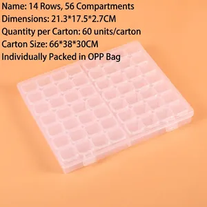 Detailed view of a 56-compartment transparent plastic storage box with size 21.3x17.5x2.7cm