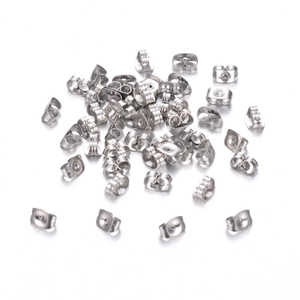 Detailed close-up of butterfly stainless steel earring backs in silver for jewelry making