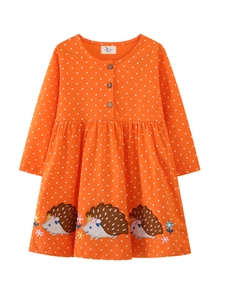 Toddler Girls Cotton Long Sleeve Dress Polka Dot Hedgehog Embroidery Button Front Round Neck Princess Casual