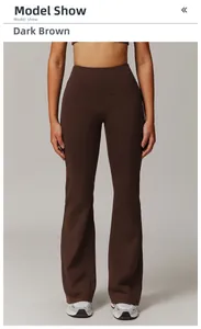Detailed view of high-waisted flared yoga pants in dark coffee brown color on a model