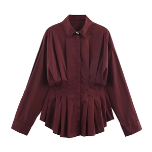 Fashionable burgundy pleated poplin long sleeve shirt with a waisted design and lapel collar
