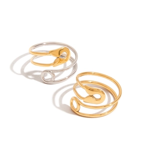 Minimalist stainless steel safety pin ring in two-tone gold and silver polished finish