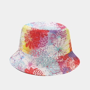 Close-up of a double-sided bucket hat featuring vibrant floral prints for sun protection