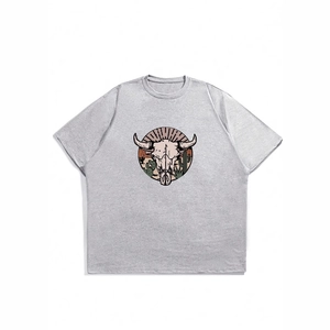 Men's heather grey T-shirt with vintage bull skull and cactus graphic print