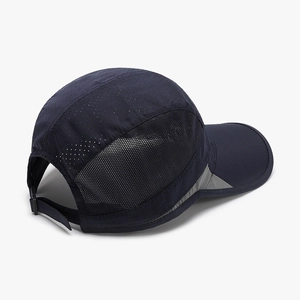 Quick-dry navy blue baseball cap with breathable side mesh and adjustable back strap