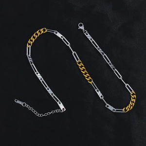Detail of mixed silver rectangle links and gold Cuban chain with lobster clasp and extender