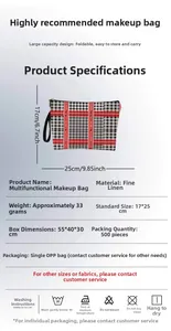 Detailed view of red plaid linen makeup bag showing 17x25cm size and 33g weight specs