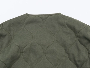 Detail of army green quilted jacket featuring olive twill and gourd stitching pattern