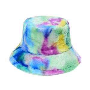 Faux rabbit fur bucket hat featuring a vibrant multi-color tie-dye pattern for winter