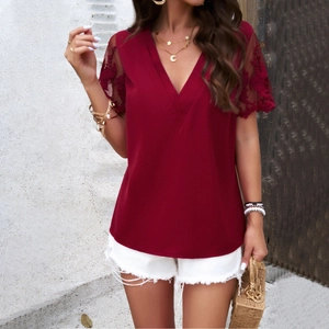 Deep red V-neck short sleeve lace patchwork top for women on white background