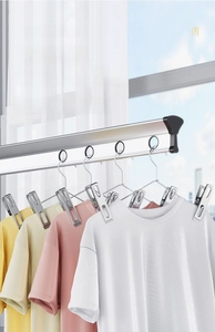 Detail of stainless steel clothes drying rack with windproof hooks and non-marking clips