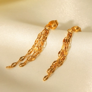 Elegant 18k gold plated stainless steel tassel earrings on silk background