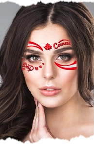 Close-up of Canada Day face tattoo with red maple leaf and silver glitter text