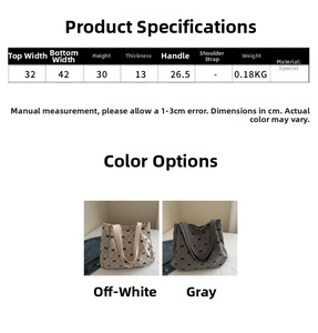 Size chart showing dimensions and weight for the knit bow pattern tote bag model