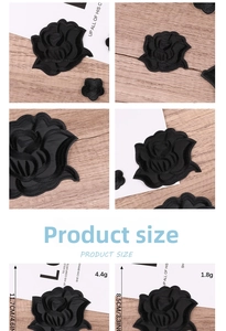 Detailed size comparison of black rose embroidery patches with precise measurements