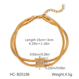 Detail showing dimensions of gold double-layer snake chain bracelet with crystal square charm