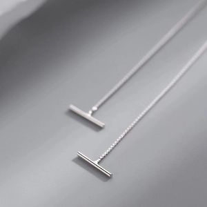 Minimalist S999 sterling silver T-shaped long drop earrings with bar element