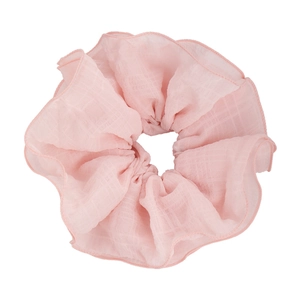 Pink checkered oversized scrunchie with layered chiffon ruffles for hair styling