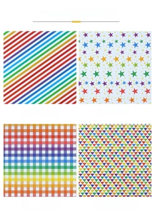 Close-up of rainbow striped, star, grid and triangle patterned gift wrapping paper