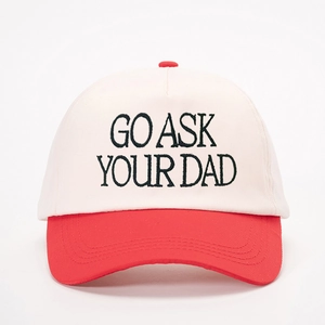 Two-tone baseball cap in cream and red with GO ASK YOUR DAD embroidery design