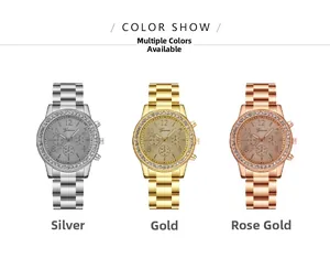 Montres à quartz Geneva en argent, or et or rose avec lunette en strass et bracelet métal