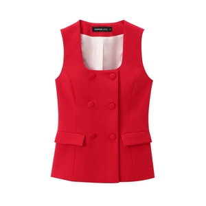 Detail of red square neck double-breasted vest with six buttons and decorative pocket flaps