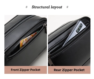 Detail of black pebbled leather clutch showing dual zipper compartments and card storage