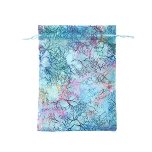 Light blue organza drawstring bag with colorful coral patterns for jewelry packaging