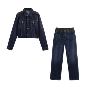 Veste En Jean Femme Et Pantalon Droit Patchwork Similicuir Streetwear Casual Haut Court Manches Longues Taille Haute