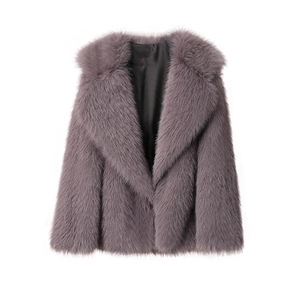 Detail of dusty purple faux fur coat showing soft texture and wide lapel collar