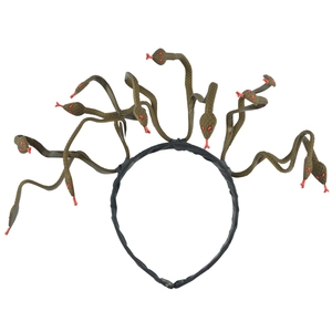 Medusa snake headpiece for Halloween featuring bronze serpents with red eyes on headband