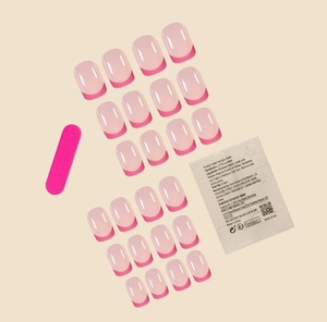 French tip press-on nail kit with 24 pink nails, nail file, and adhesive tabs set